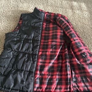 Reversible Black Puffer Vest with Red Plaid Lining
